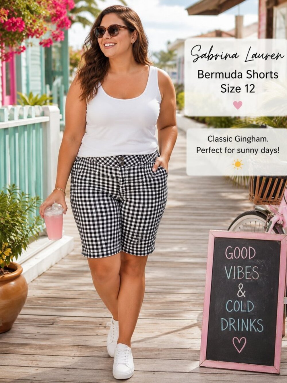 Sabrina Lauren Bermuda Shorts Size 12 Black White Gingham Plaid Stretch